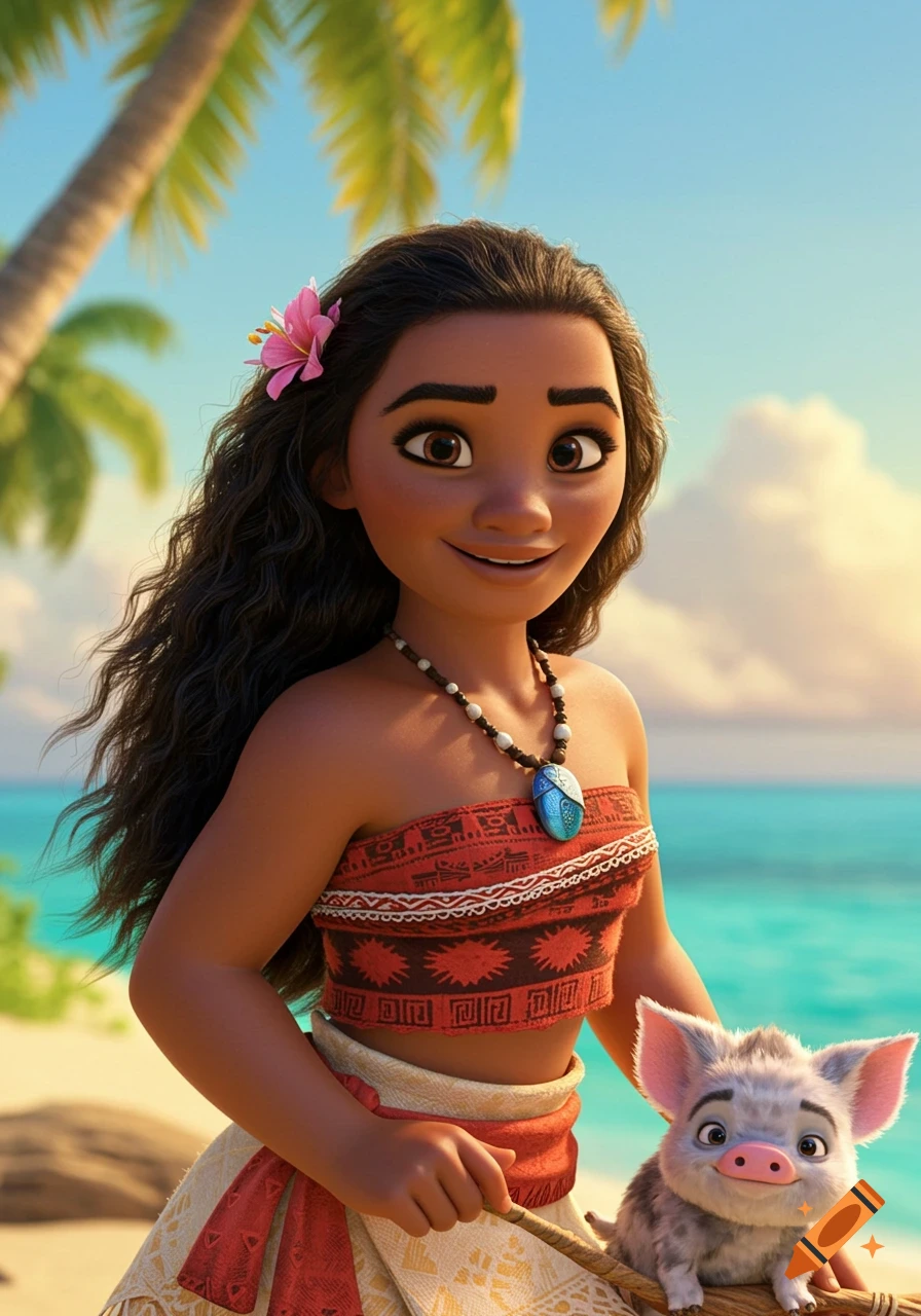 Animated girl with long dark hair and a piglet on a beach