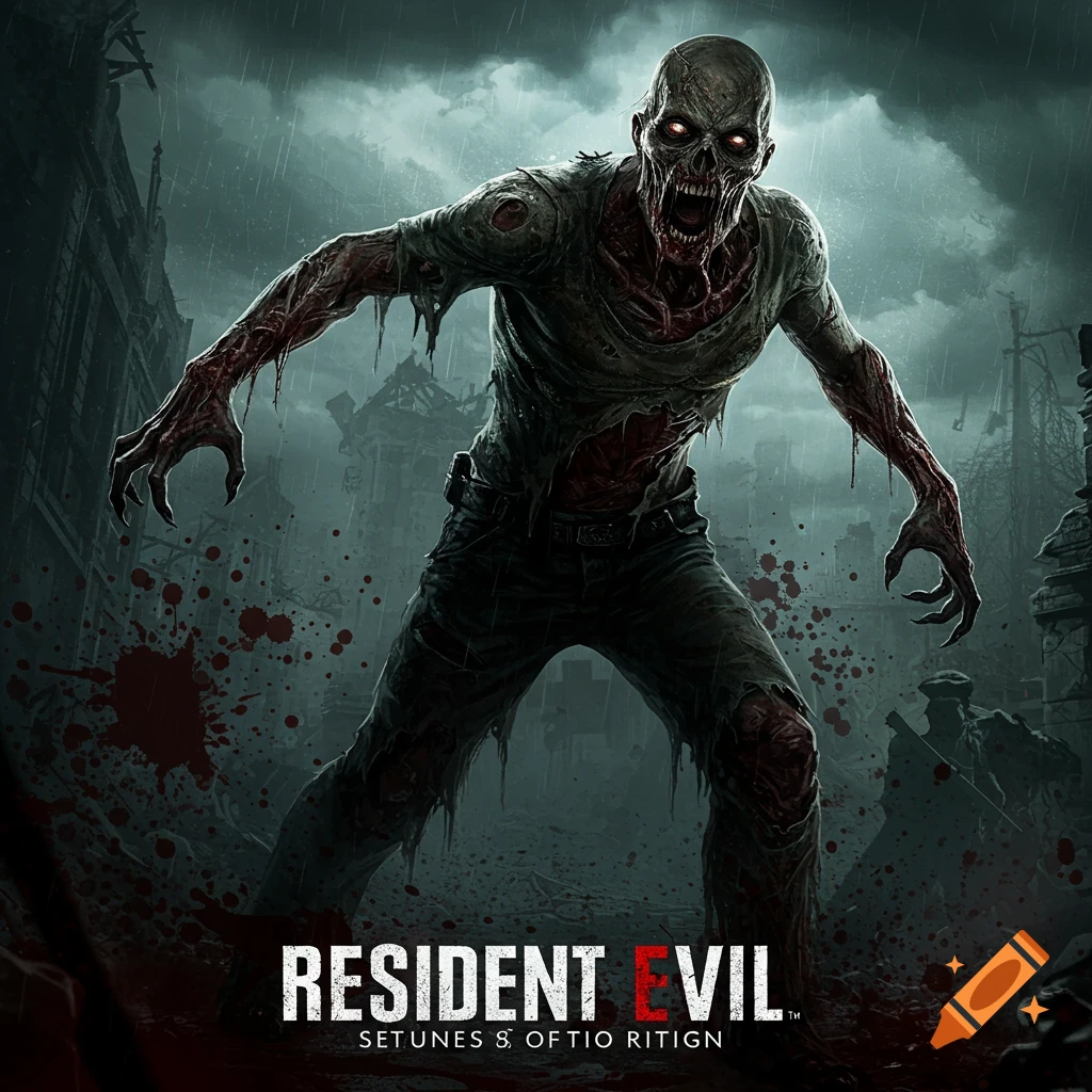 A zombie in a ruined city, covered in blood with glowing red eyes. Text says "RESIDENT EVIL".