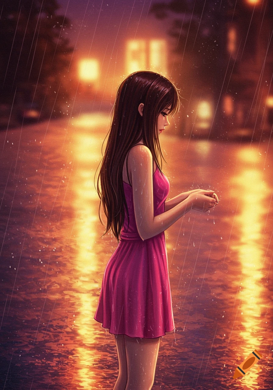 Anime girl in a pink dress standing in the rain at night.