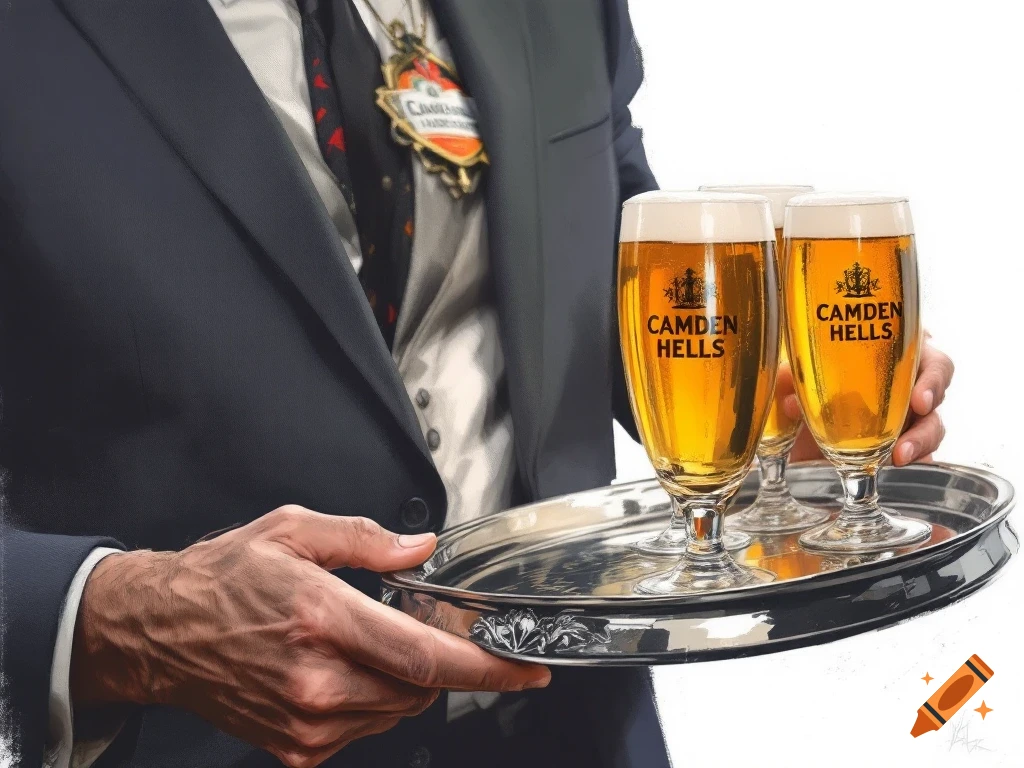 Person in a suit holds a tray with three glasses of beer.