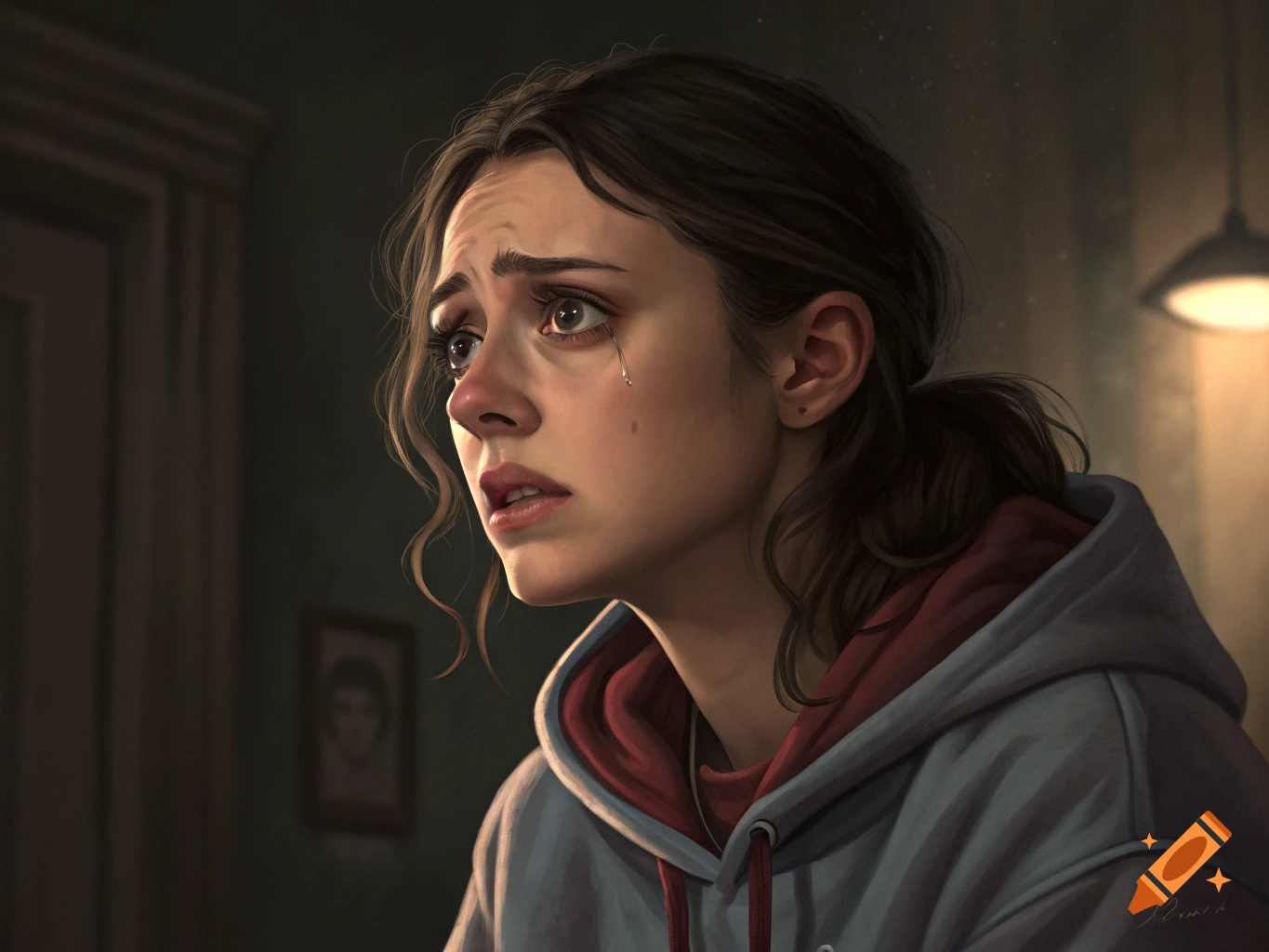 Realistic portrait illustration of a young woman with tears in her eyes, wearing a hoodie