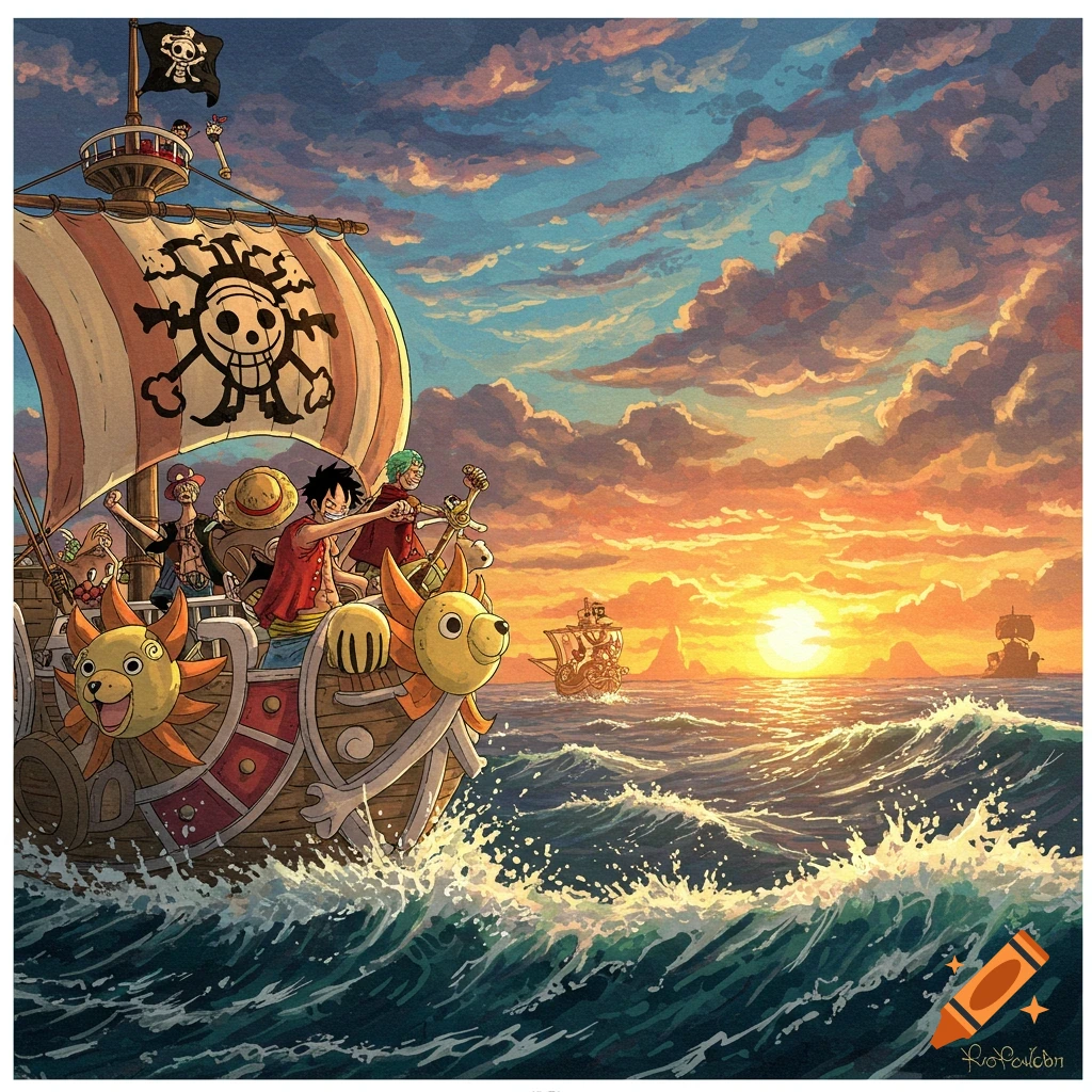 Anime characters on a sailing ship at sunset, painted style.