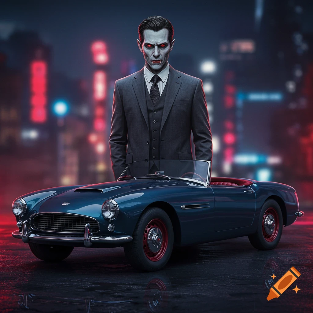 A vampire in a suit stands next to a blue vintage convertible car at night in a city.
