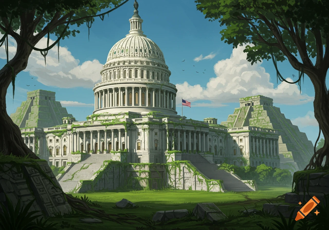 Illustration of the overgrown US Capitol building mixed with Mayan ruins in a lush jungle.