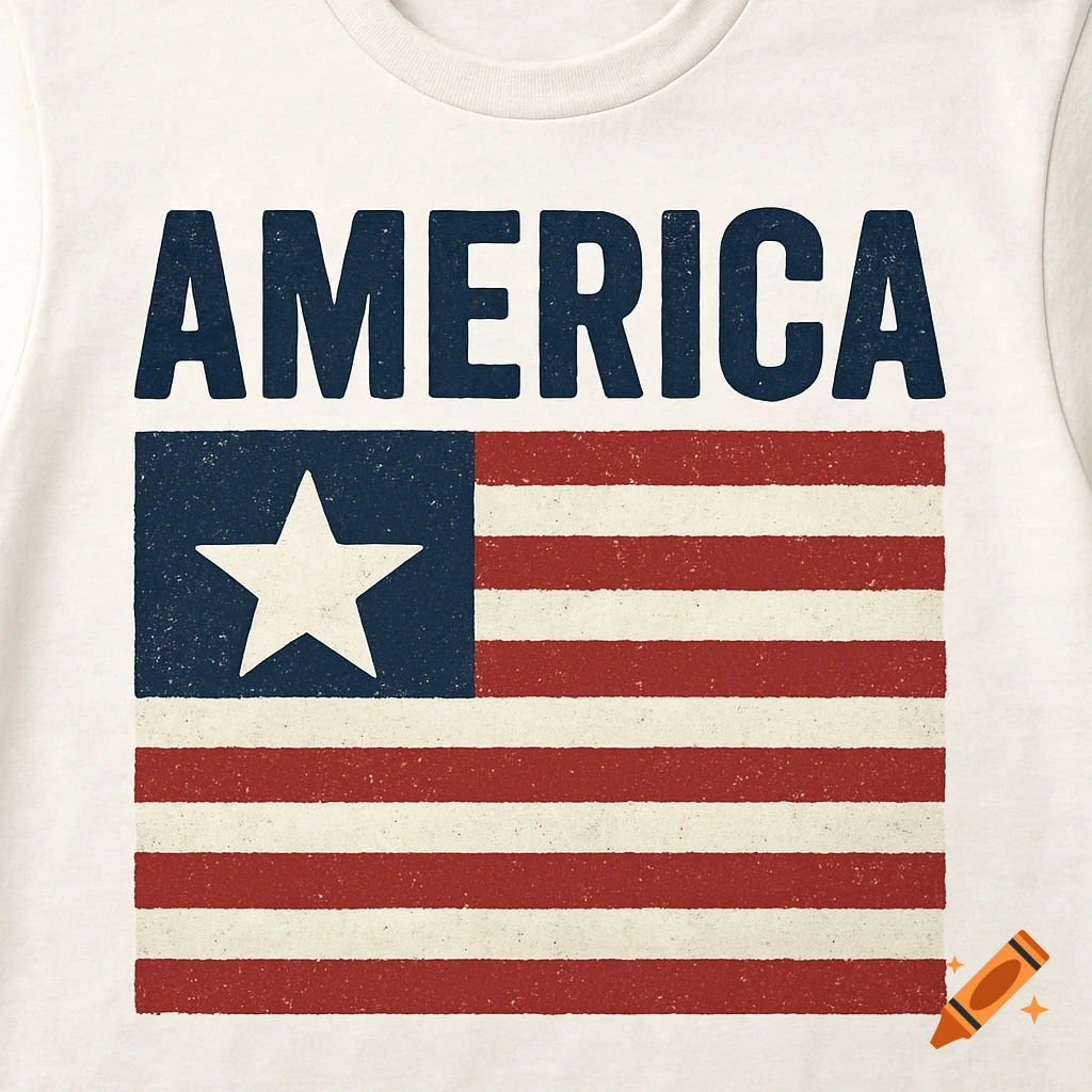 White t-shirt with distressed 'AMERICA' text and US flag design.