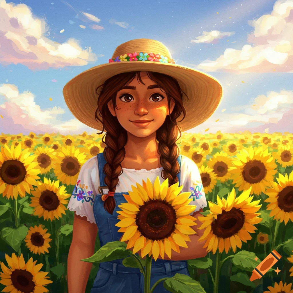 A young girl with pigtails and a straw hat stands in a field of sunflowers.