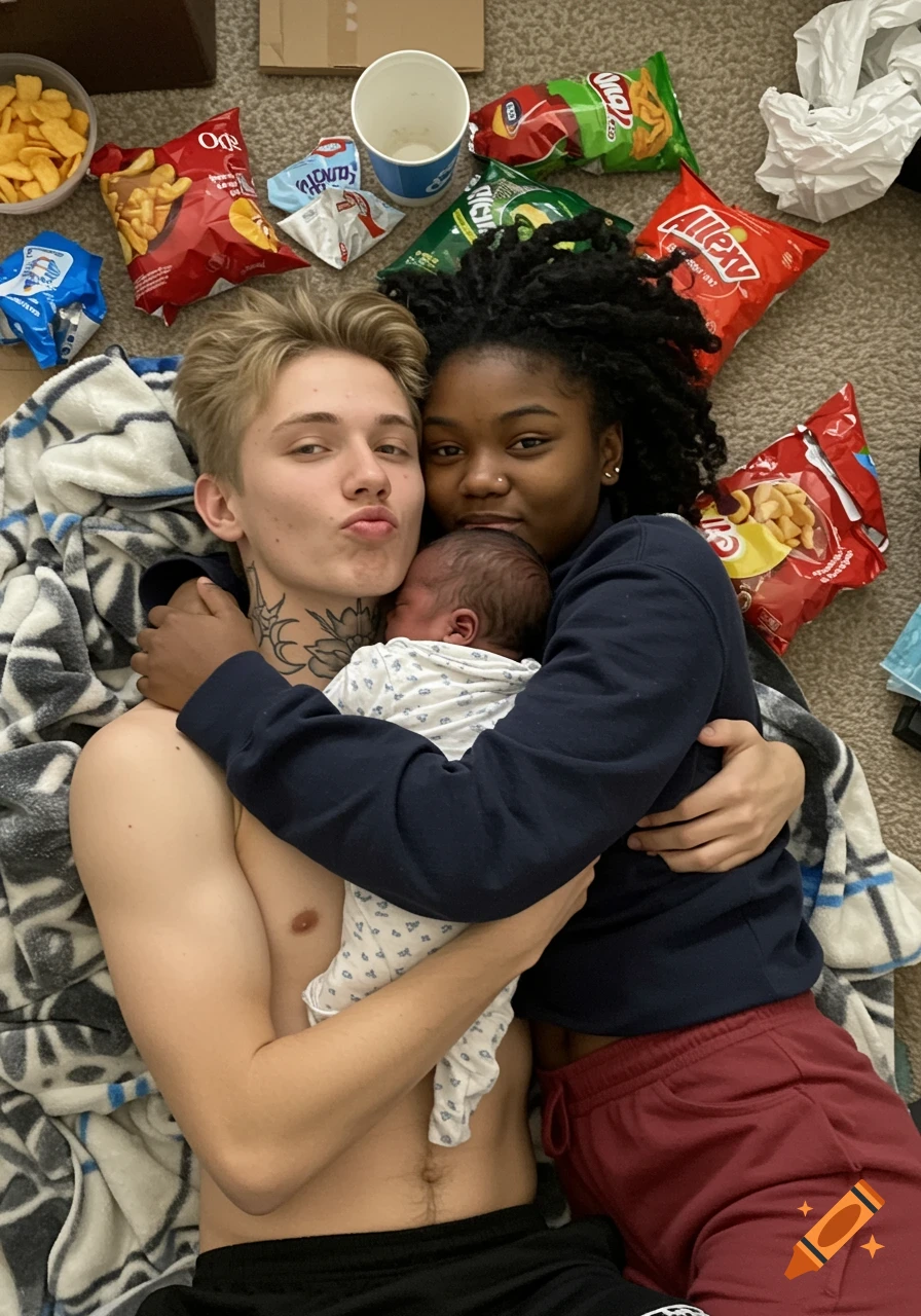 Young couple and baby lying on a blanket surrounded by snacks, man puckering lips
