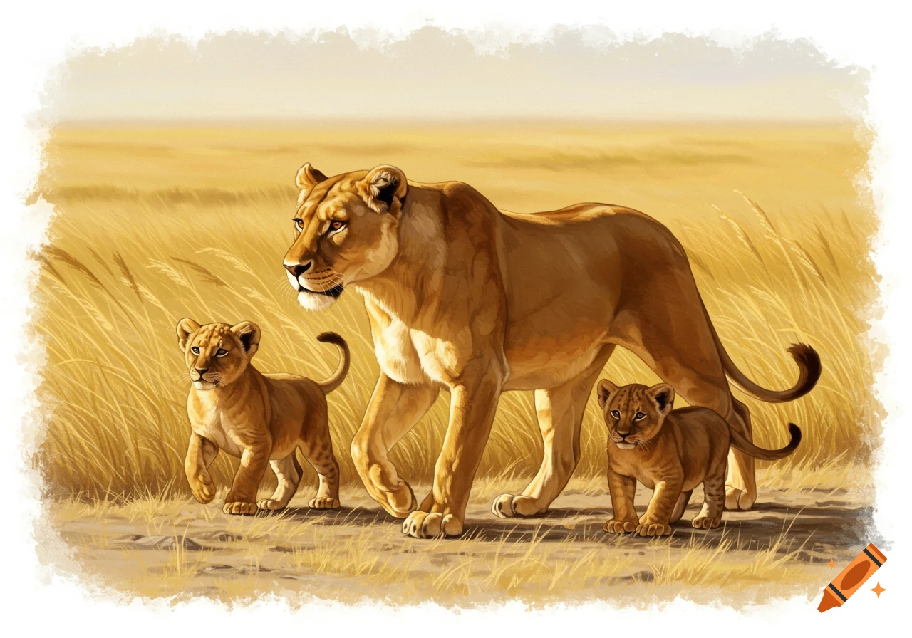 Watercolor of a lioness and two cubs walking through tall grass in the savannah.