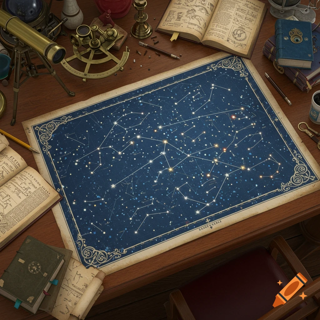 Overhead view of a vintage desk with a star map, telescope, and books.
