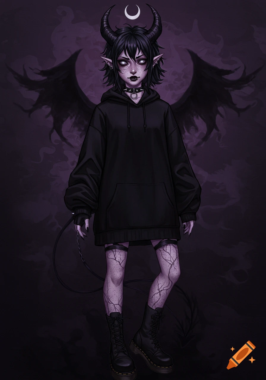 Digital illustration of a goth character with horns, wings, and black hoodie.