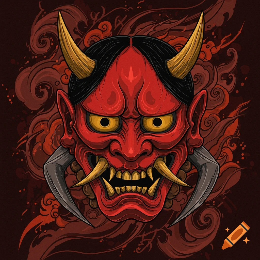 A stylized red Oni mask with gold horns and tusks, set against a smoky, dark background.