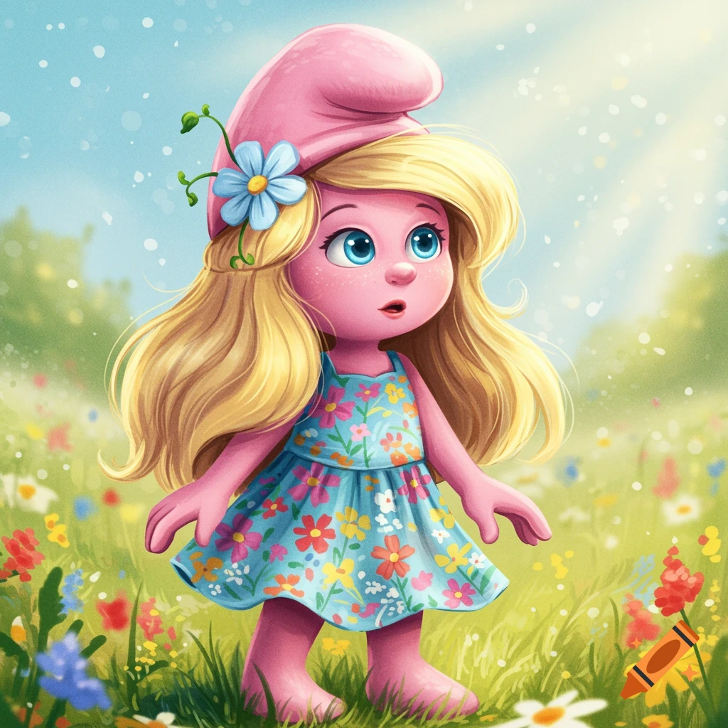 A cartoon pink Smurf with blonde hair and a floral dress stands in a field of colorful flowers under a sunny sky.