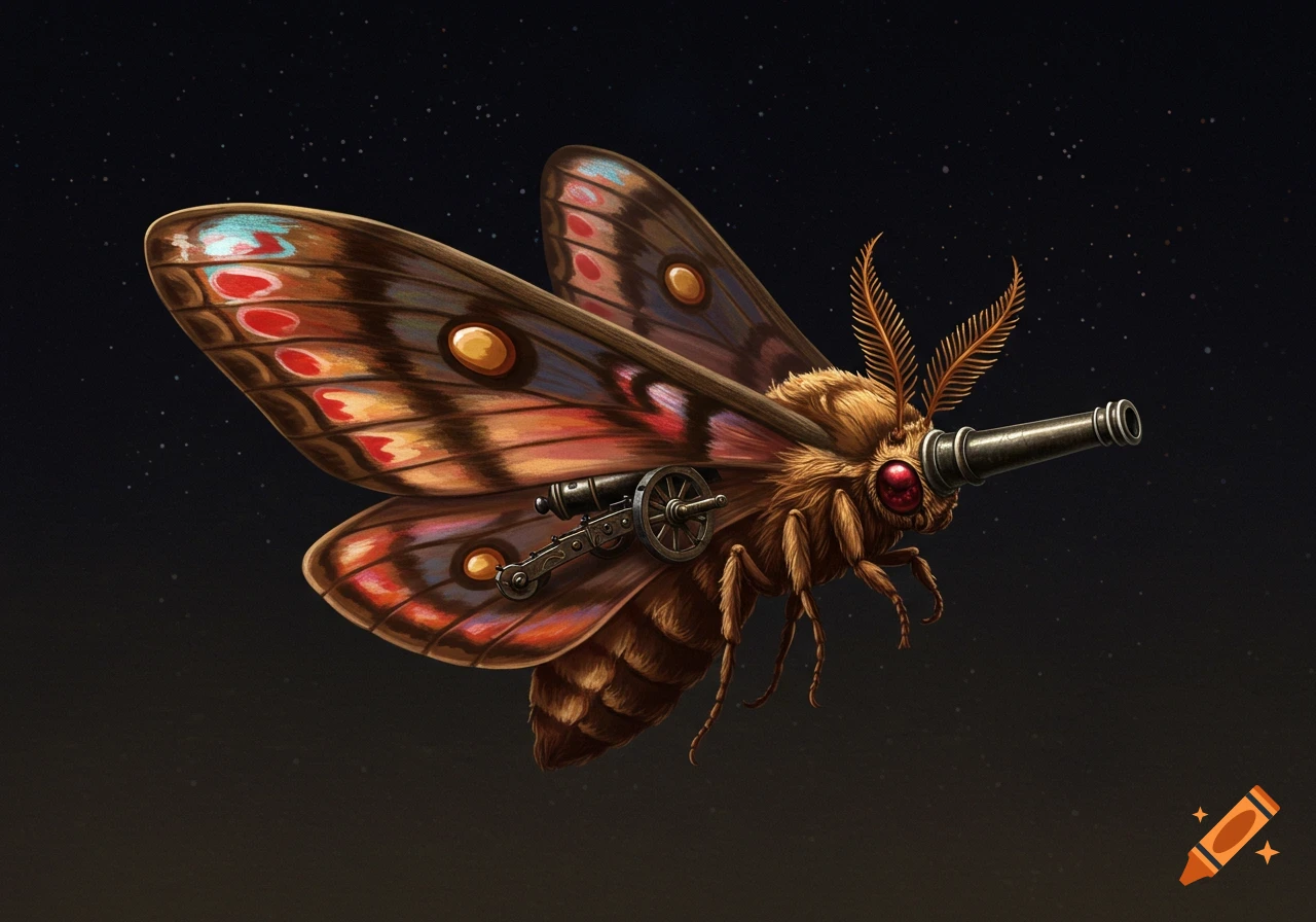 Steampunk moth with a cannon flying in a starry sky. Digital painting.