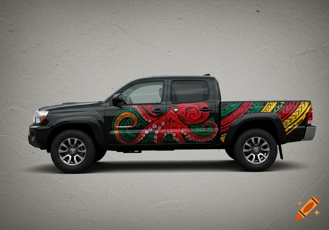 Black Toyota Tacoma truck with a red, green, and yellow Polynesian tribal octopus design on the side.