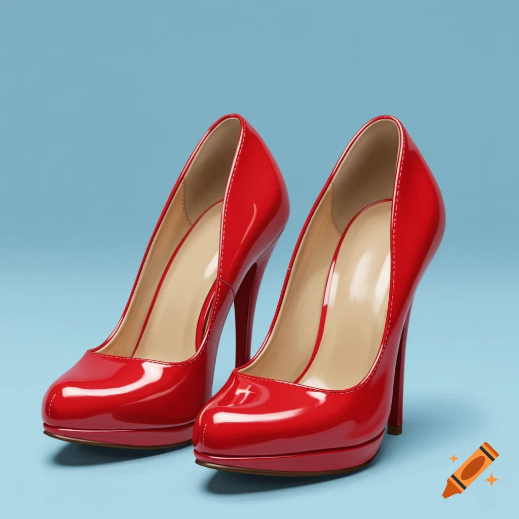 A pair of shiny red high heels on a light blue background.