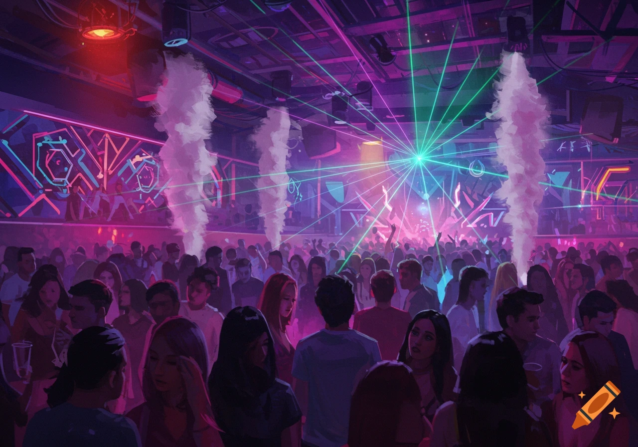 A crowded nightclub scene with neon lights, lasers, smoke, and people dancing