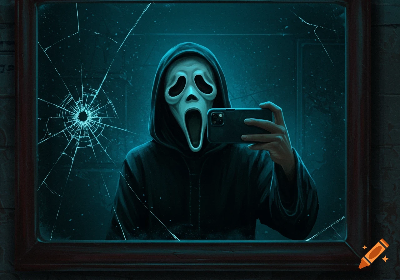 Ghostface in a robe and mask taking a selfie in a cracked mirror.