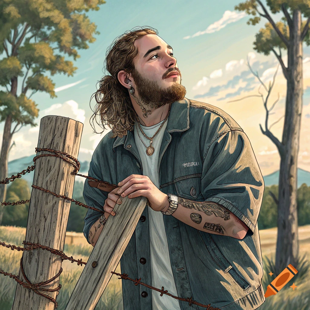 A man resembling Post Malone leans on a barbed wire fence post in a field.