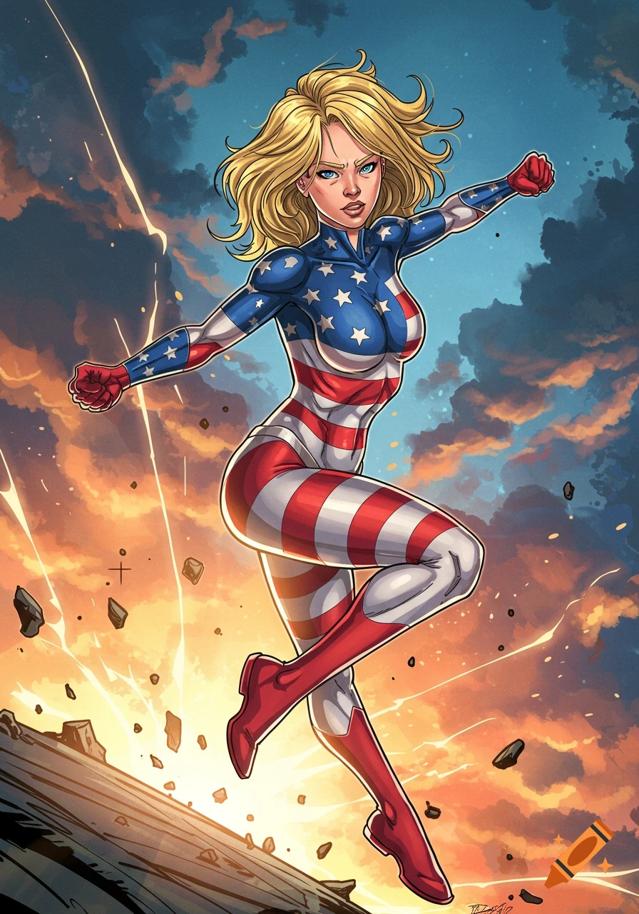 Blonde superhero woman in American flag suit leaps in comic art style.