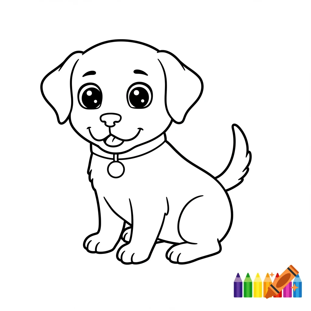 Black and white line art of a cute cartoon puppy sitting, designed as a coloring page.
