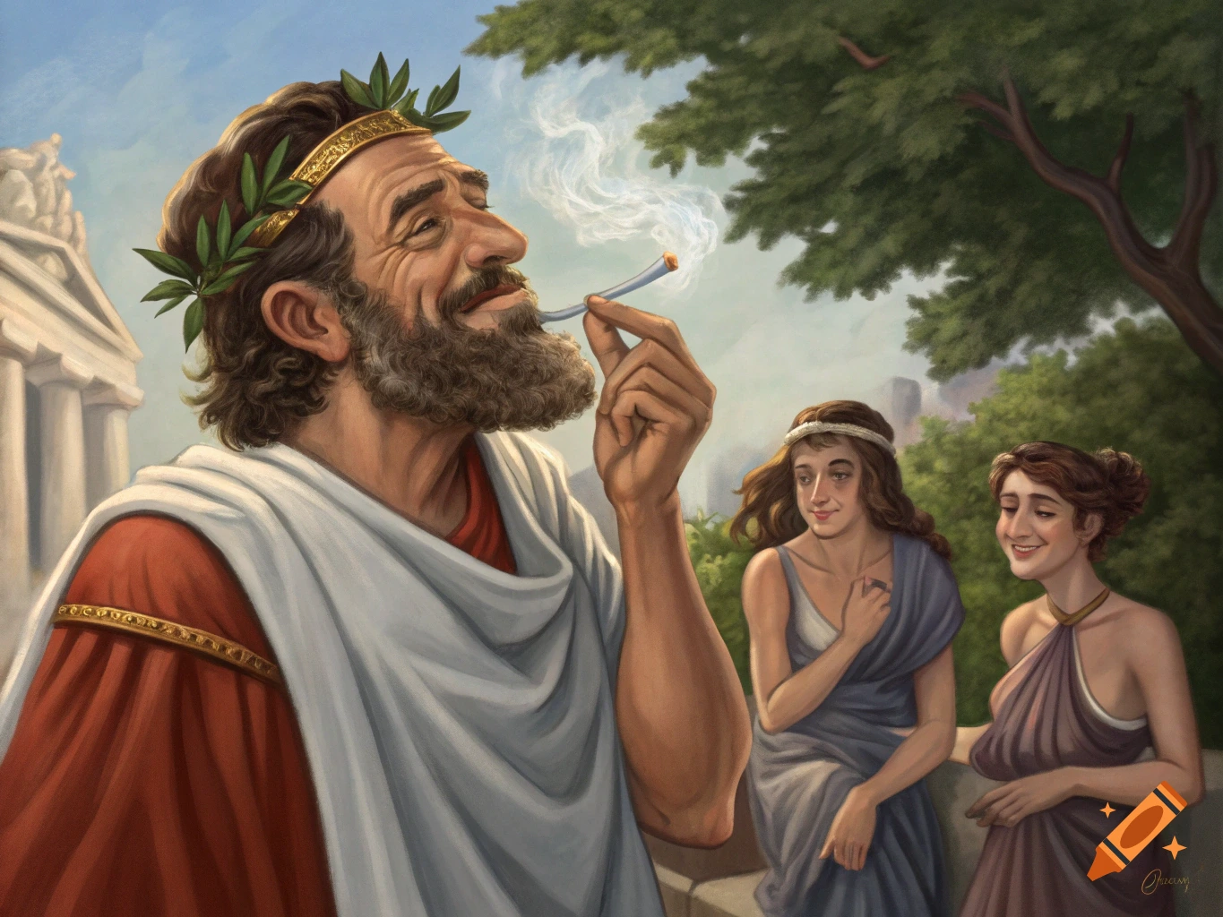 Diogenes of Sinope smoking a joint and grinning while flanked by two young women in an ancient Greek setting.