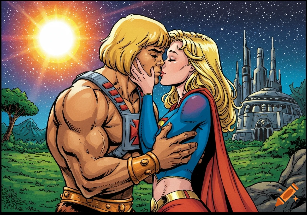 He-Man and Supergirl kiss in a comic book style image with a glowing sun and sci-fi building in the background.
