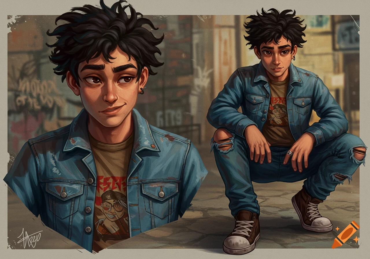 Digital art of a young person with messy hair, denim jacket, and ripped jeans in an urban setting, shown in two poses.