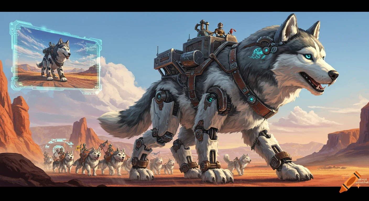 A large mechanical husky with riders leads a parade of smaller mechanical huskies through a desert canyon.
