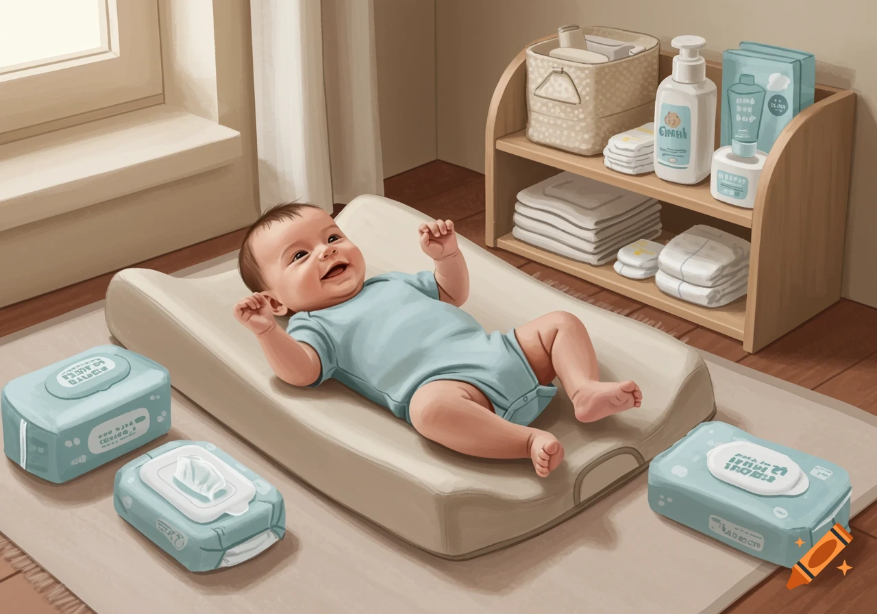 A happy baby lies on a changing mat surrounded by baby wipes and care products.