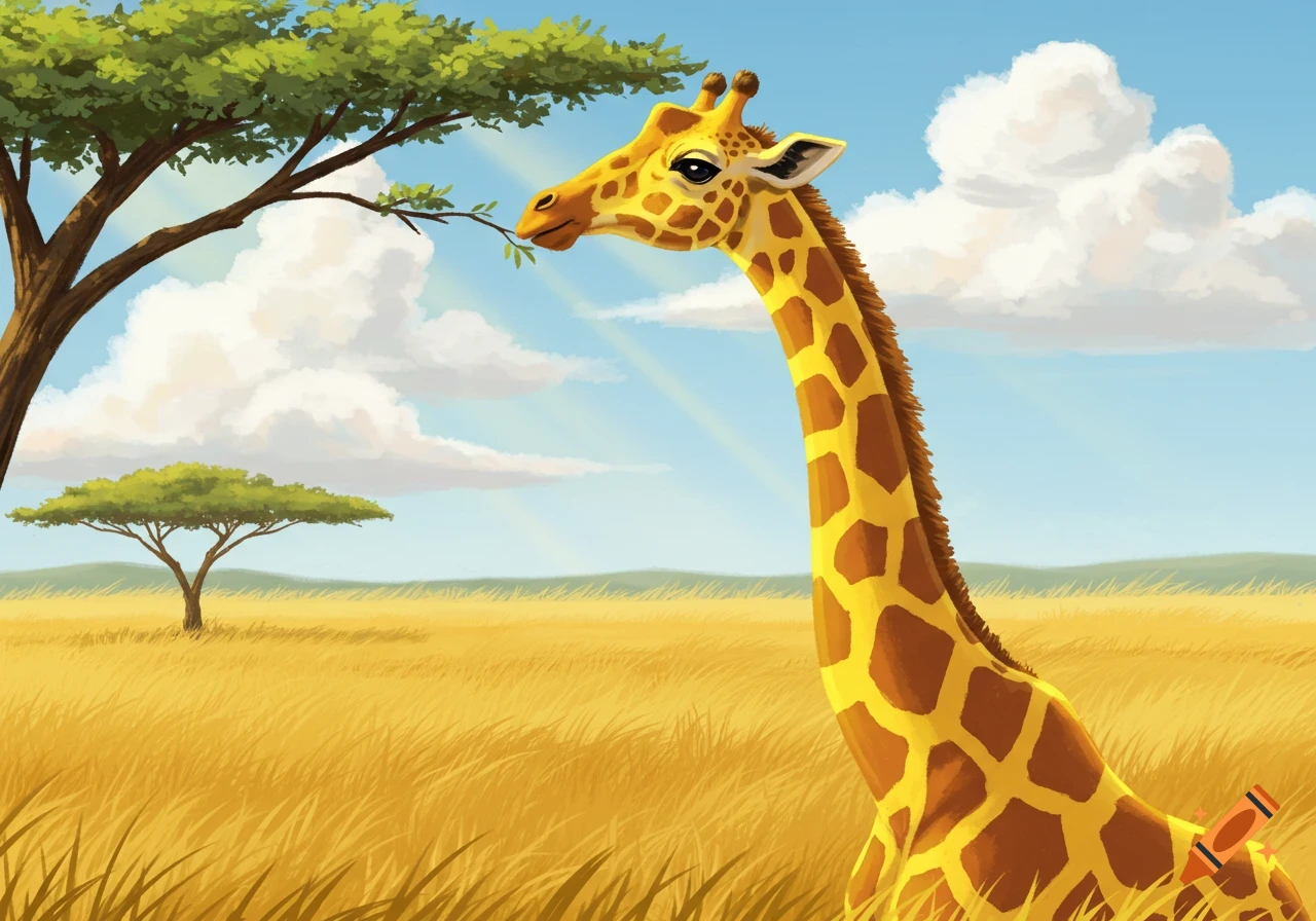 Illustration of a giraffe eating leaves from a tree in a sunny savanna.