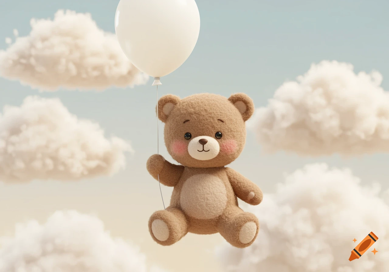 A cute plush teddy bear floats in the sky holding a white balloon among fluffy clouds.
