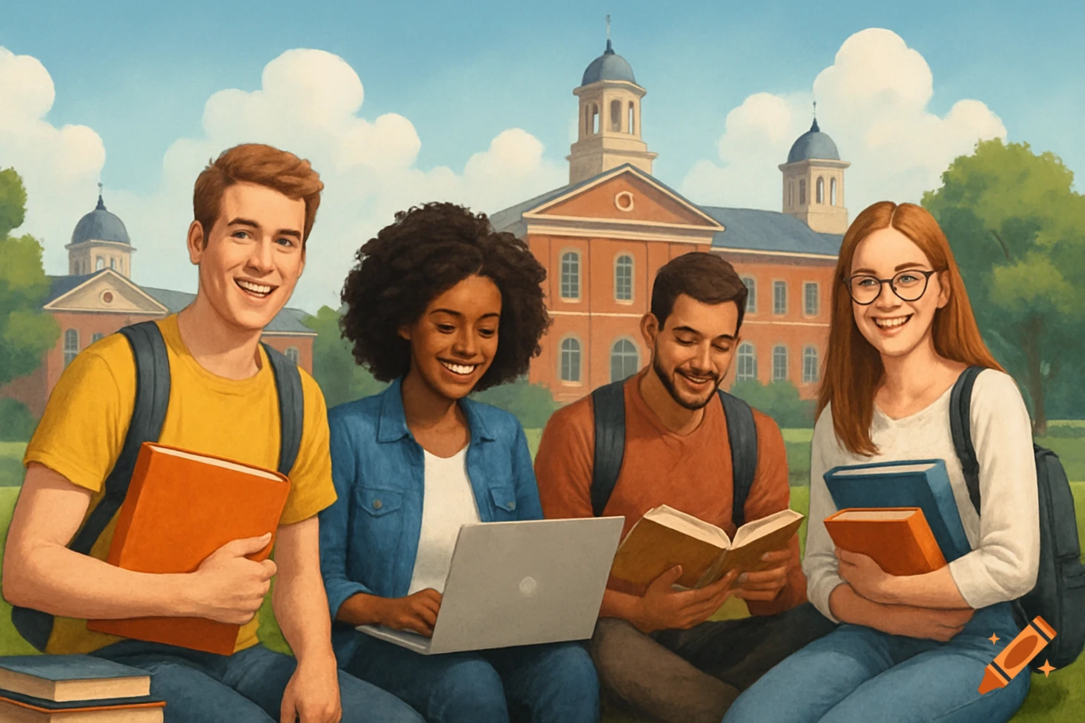 Illustration of four diverse students studying outdoors with books and a laptop in front of a college building.