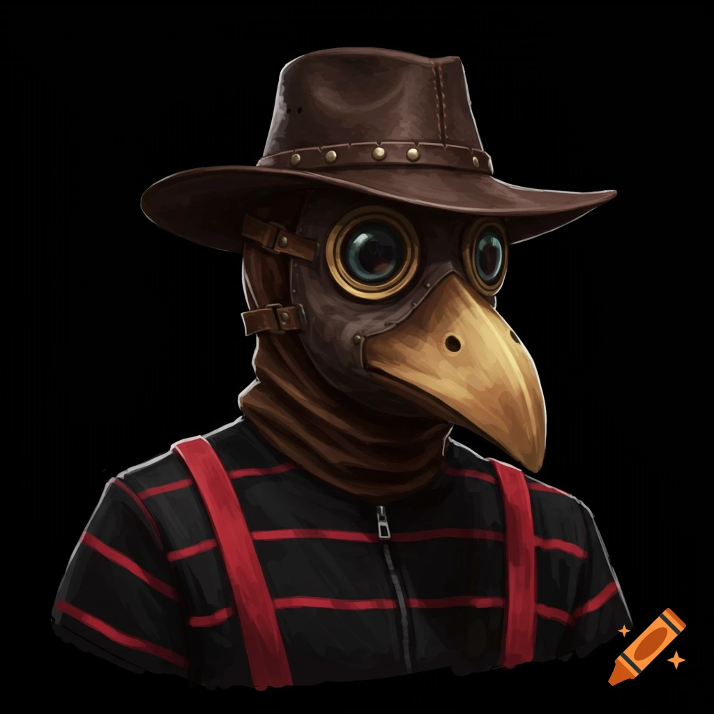 A character portrait wearing a plague doctor mask, cowboy hat, and striped shirt.