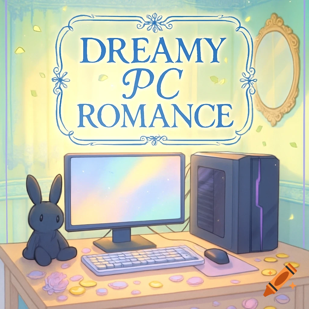 Anime illustration of a PC setup on a desk with the title 'Dreamy PC Romance'.