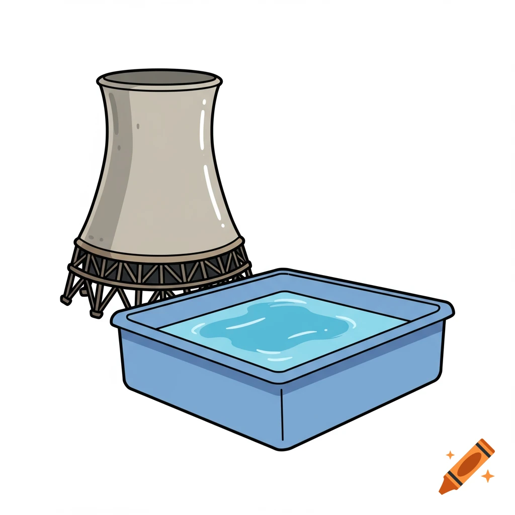 A cartoon cooling tower next to a blue water basin.