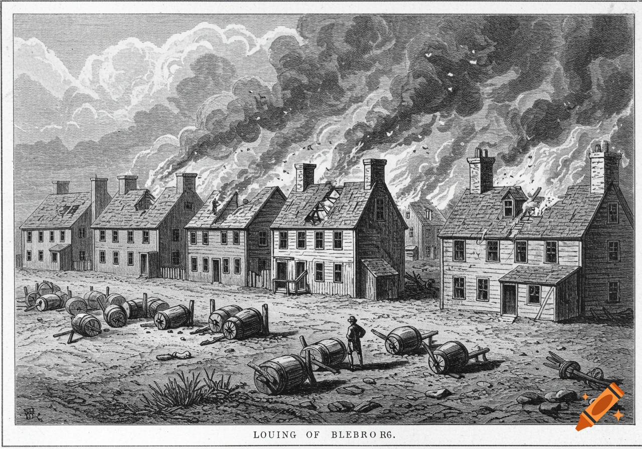 Black and white historical engraving shows houses on fire during a bombing, with barrels and debris in the foreground.