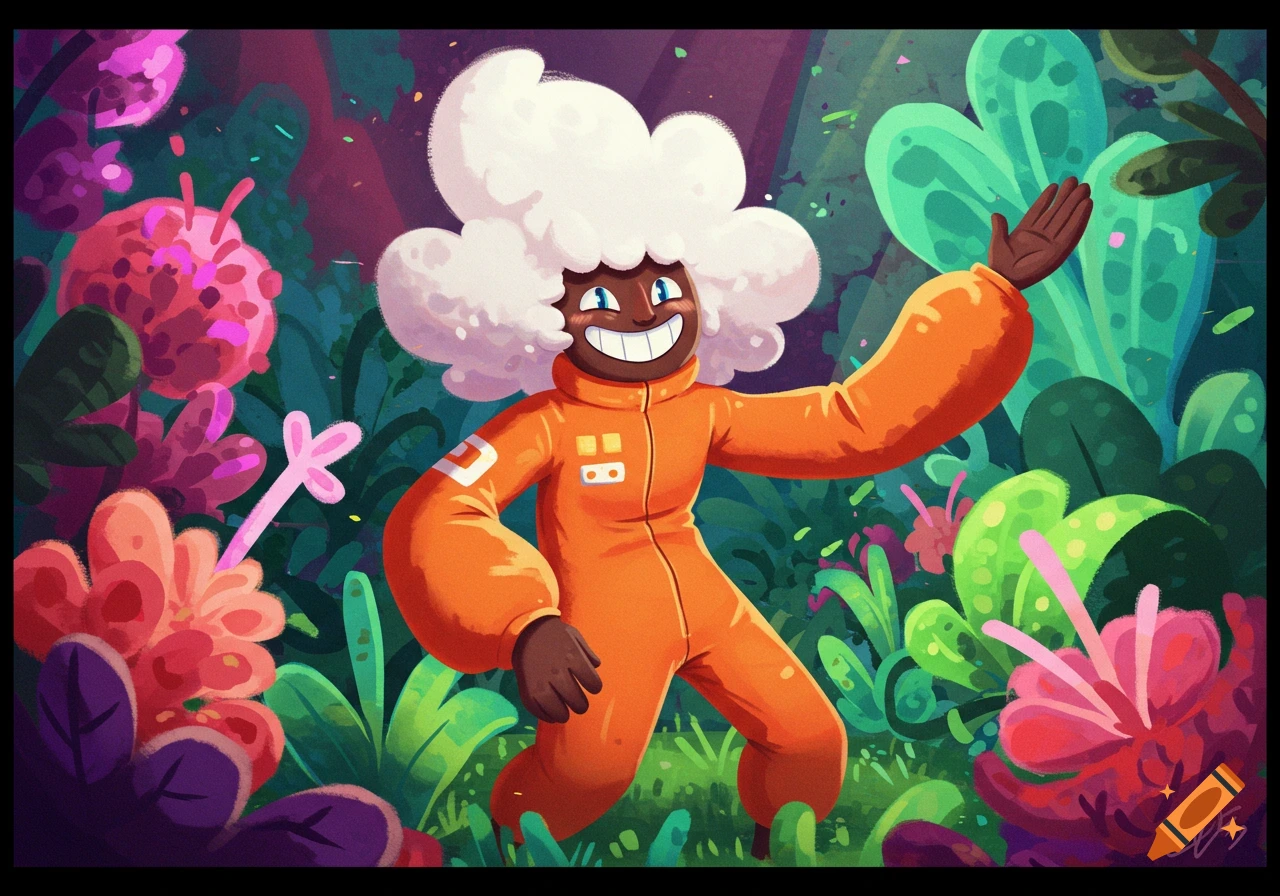 A cartoon character with fluffy white hair, wearing an orange jumpsuit, stands in a vibrant, colorful fantasy garden, smiling and waving.