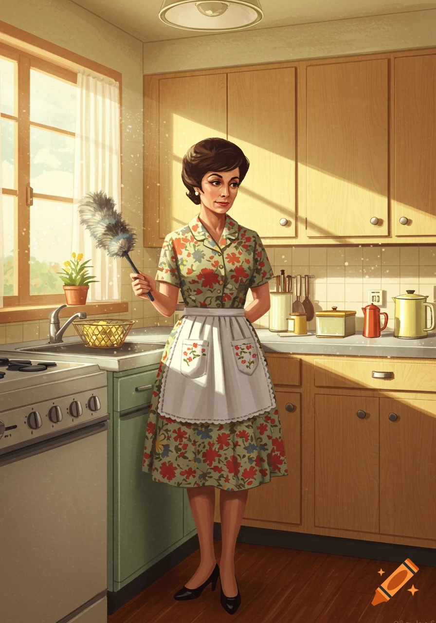 Illustration of a 1960s housekeeper in a kitchen holding a feather duster.