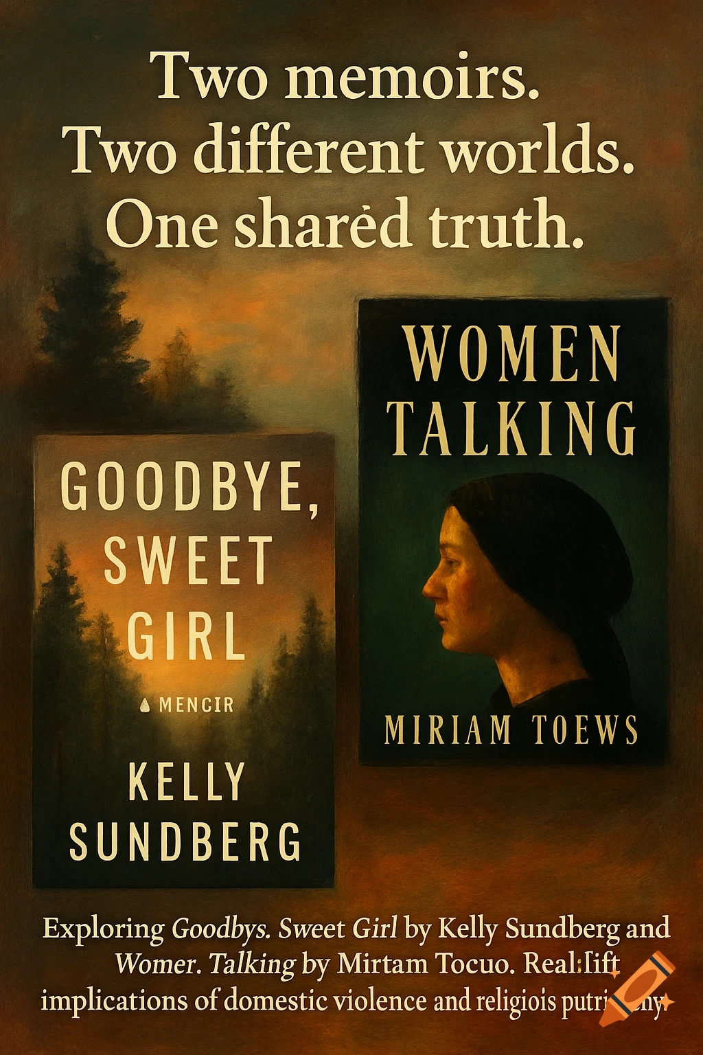 Two book covers are shown, one titled GOODBYE, SWEET GIRL and the other WOMEN TALKING, with a profile portrait.
