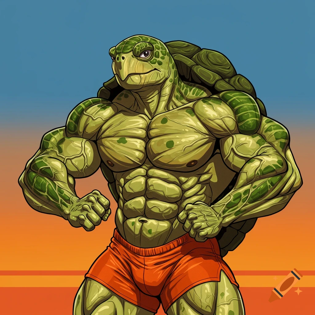 Stylized drawing of a muscular turtle man posing in orange shorts.