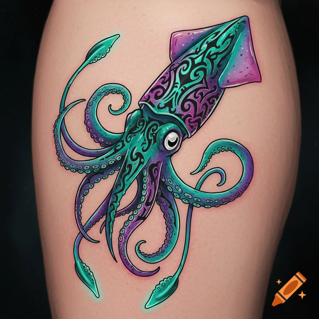 A vibrant blue and purple squid tattoo with tribal markings on skin.