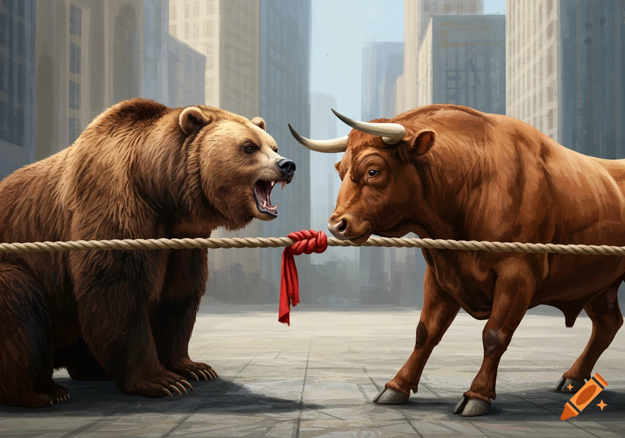 A bear and a bull in a tug of war in a city street, illustrating a financial concept.