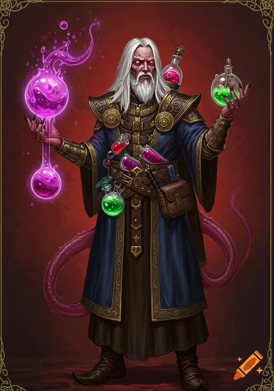 Fantasy illustration of an old alchemist with glowing eyes and a tail holding magical vials.