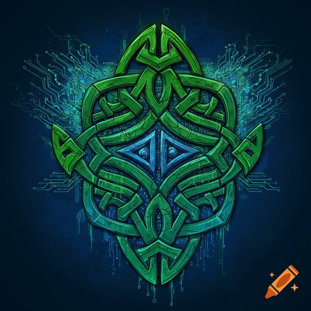 Green and blue celtic knot design over a circuit board background.