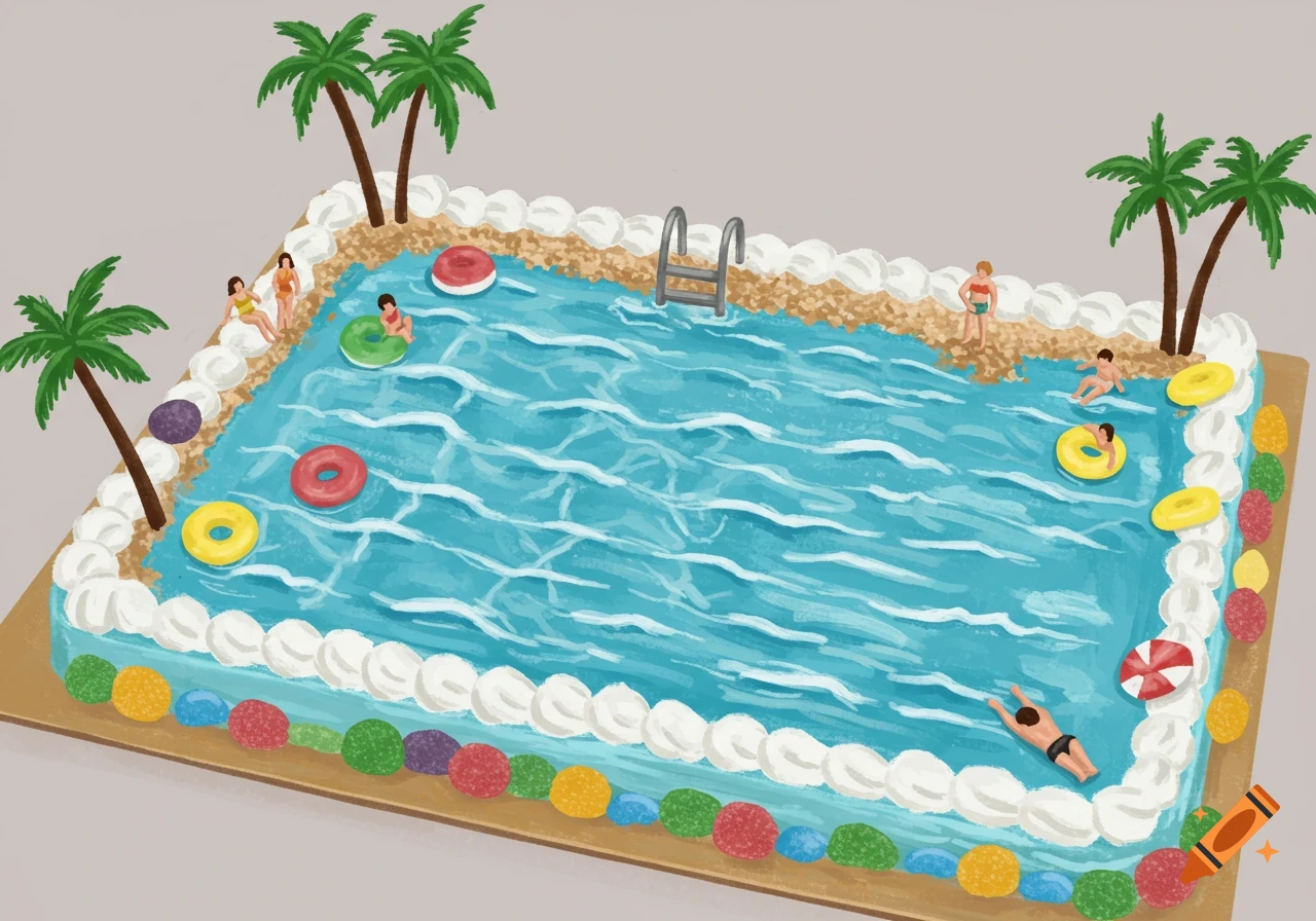An illustrated cake decorated like a swimming pool with small figures, palm trees, and candies.