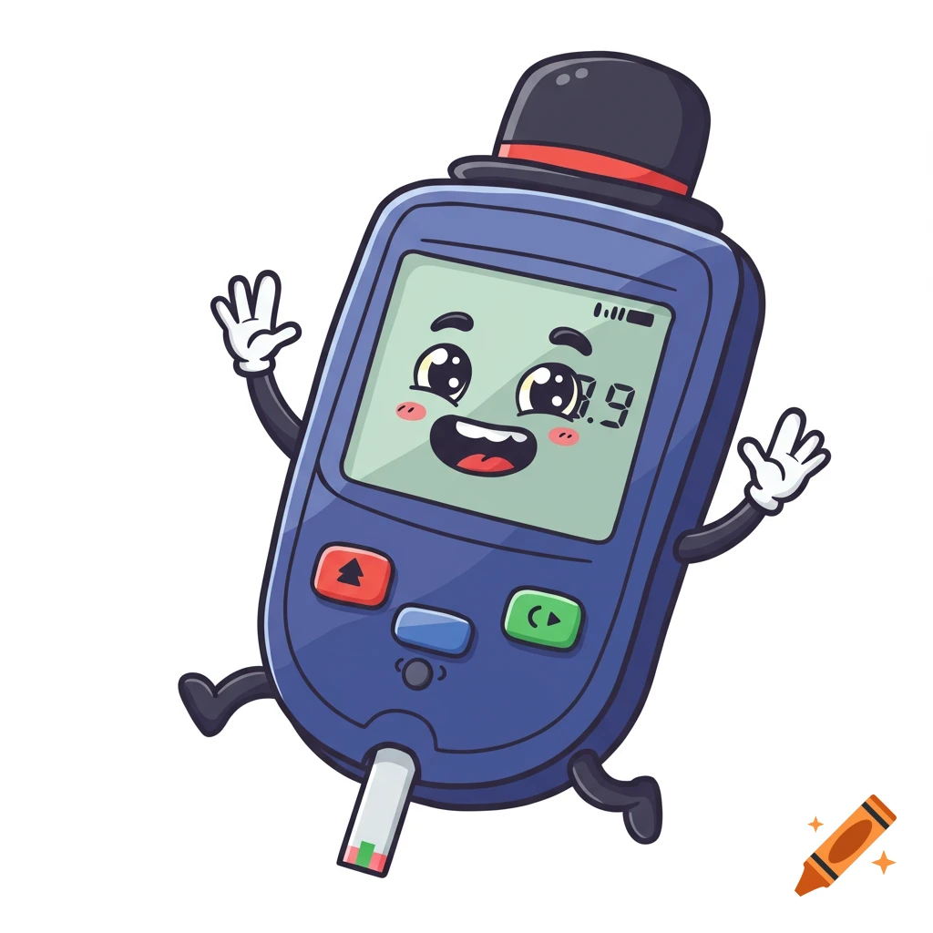 Cartoon glucose monitor character wearing a top hat, waving