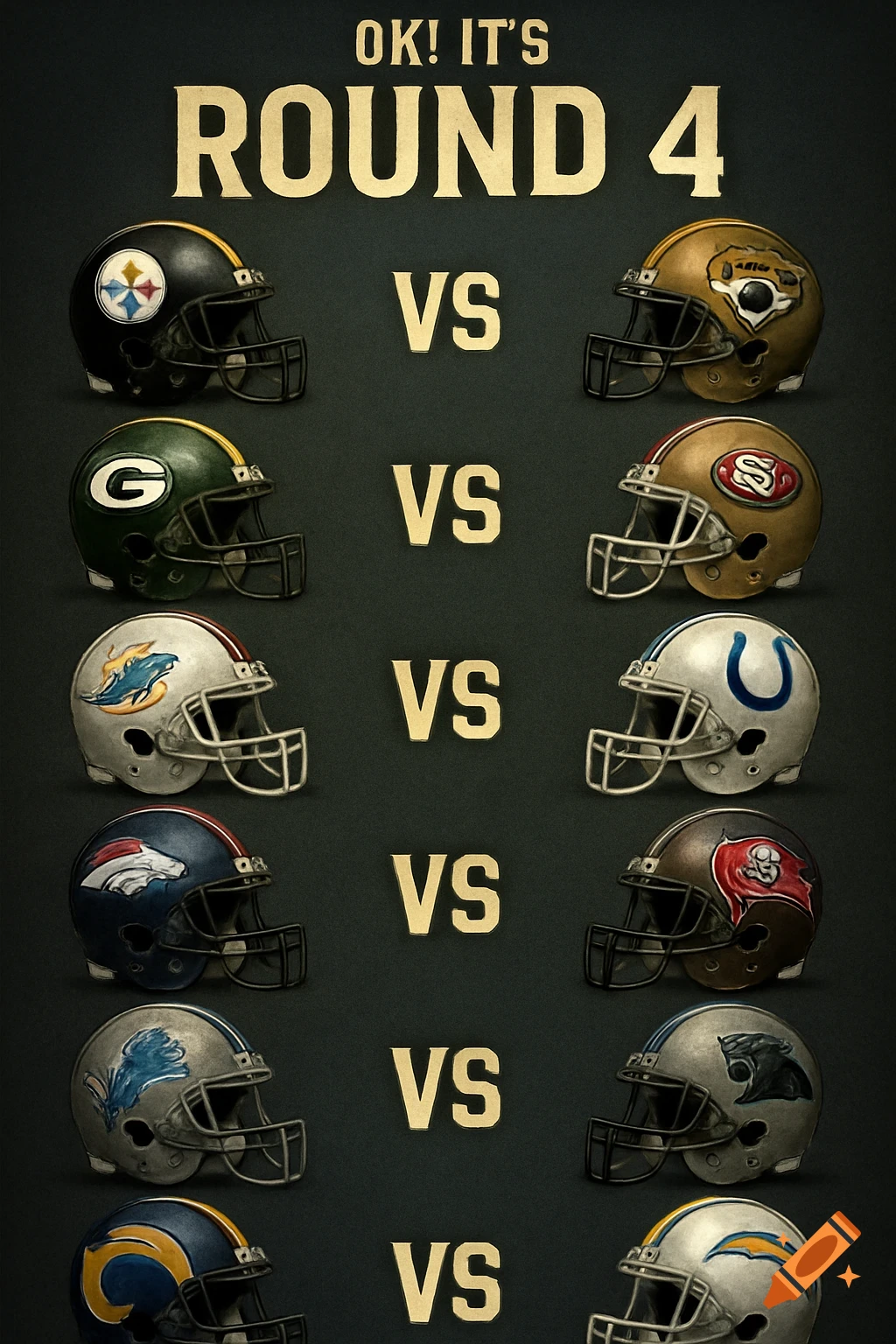 A graphic showing pairs of American football helmets with NFL team-like logos facing each other, separated by 'VS'. Text reads 'OK! IT'S ROUND 4'.