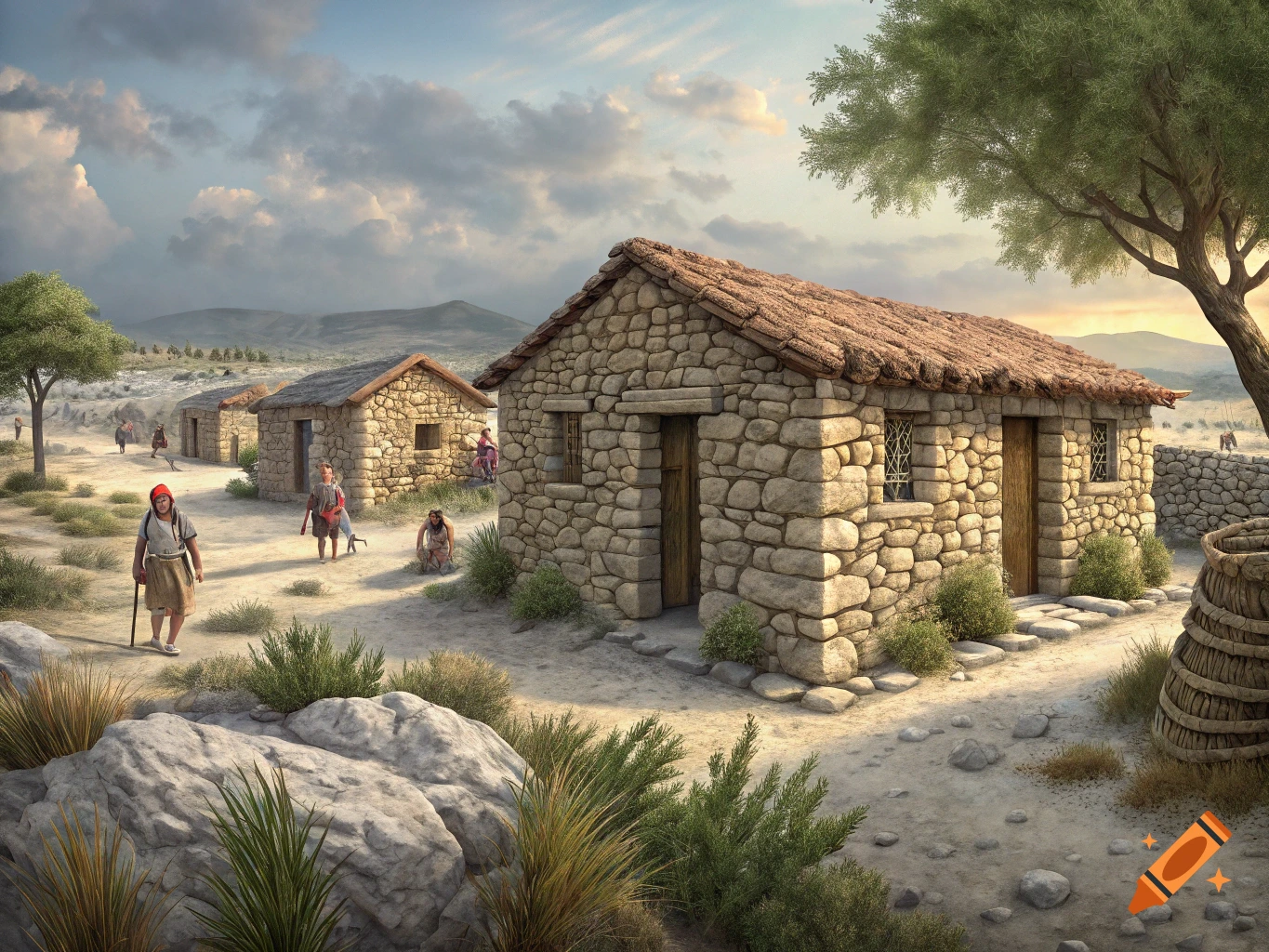 A photorealistic illustration of a stone village in a desert landscape with people walking around.