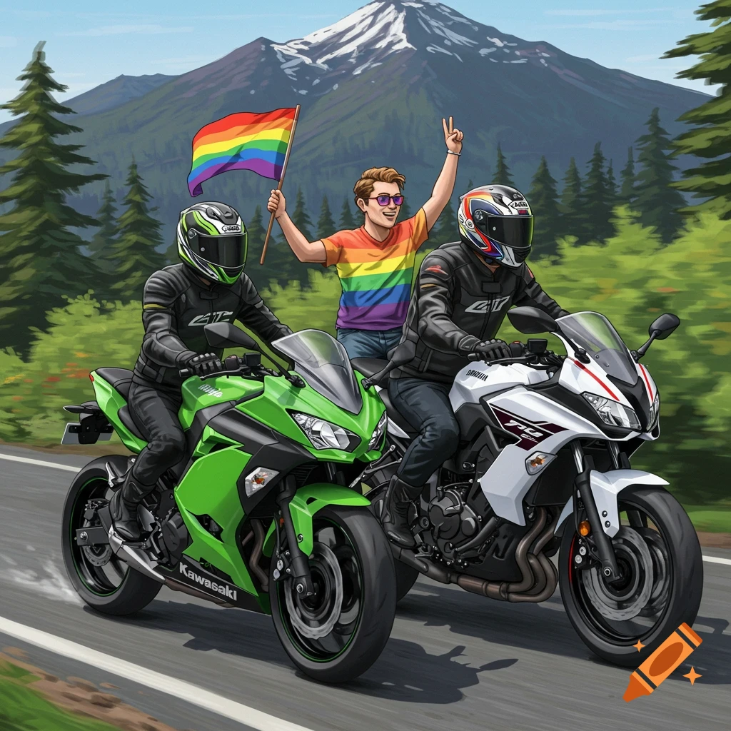 Illustrative image of people on motorcycles riding through mountains, one waving a rainbow flag.