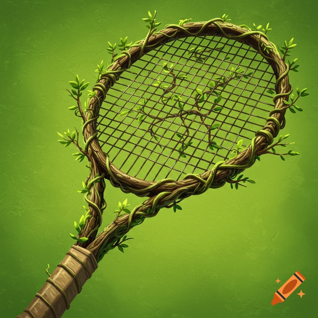 A tennis racket made of vines and branches with leaves on a green background.